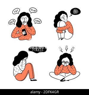 Cyberbullying concept. A set of a girl experiencing different emotions such as fear, sadness, depression, stress. Vector hand-drawn illustration. Stock Vector