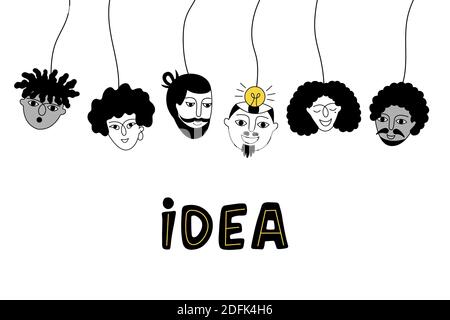 Innovative ideas. Brainstorming. Human faces are hanging in the air and one happy man has an idea. Stock Vector
