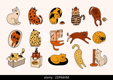 Cute cats collection consists of 15 hand-drawn kittens isolated on a white background. Doodle vector illustration with colorful pets. Stock Vector