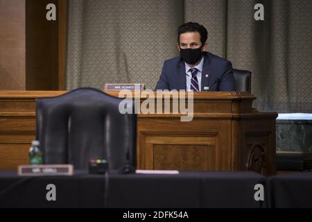 United States Senator Brian Schatz (Democrat of Hawaii), attends a US Senate Commerce, Science, and Transportation Committee business meeting to consider an authorization to subpoena the attendance of a witness for purpose of a hearing to Jack Dorsey, Chief Executive Officer, Twitter; an authorization to subpoena the attendance of a witness for purpose of a hearing to Sundar Pichai, Chief Executive Officer, Alphabet Inc., Google; and an authorization to subpoena the attendance of a witness for purpose of a hearing to Mark Zuckerberg, Chief Executive Officer, Facebook, in the Dirksen Senate Off Stock Photo