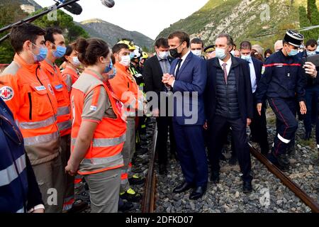 French Emmanuel Macron, mayor of Nice Christian Estrosi and Renaud Muselier, President of the Provence-Alpes-Côte d'Azur region arriving to the Alpes-Maritimes following the exceptional bad weather which affected the region on Wednesday October 7, 2020 in Breil sur Roya, France. Photo by Bruno Bebert /pool /ABACAPRESS.COM Stock Photo