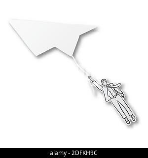 Vector illustration black line hand drawn of businessman on plane shape cut paper with shadow isolated on white background. Paper art. Stock Vector