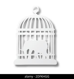 Vector illustration elephant in cage cut paper with shadow isolated on white background. Paper art. Stock Vector