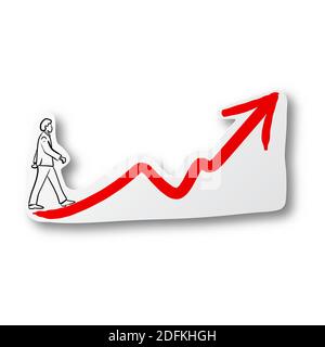Vector illustration black line hand drawn of businessman walking on red chart on cut paper with shadow isolated on white background. Paper art. Stock Vector