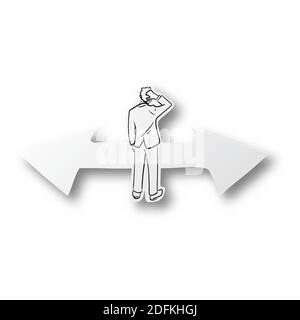 Vector illustration black line hand drawn of businessman choosing the way on arrow shape cut paper with shadow isolated on white background. Paper art Stock Vector