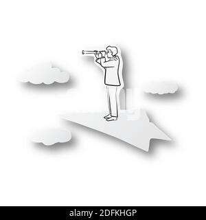 Vector illustration black line hand drawn of businessman looking through a telescope on paper plane shape cut paper with shadow isolated on white back Stock Vector