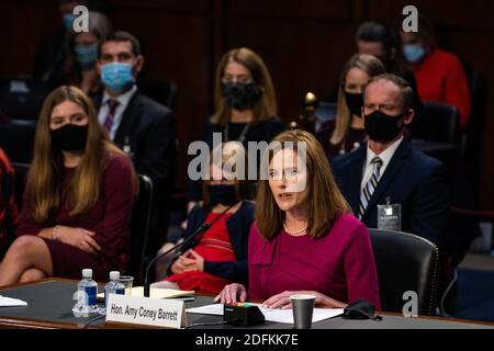 Supreme Court nominee Judge Amy Coney Barrett is sworn in before the Senate Judiciary Committee on Capitol Hill in Washington, DC, USA, October 12, 2020. Photo by Demetrius Freeman/Pool/ABACAPRESS.COM Stock Photo