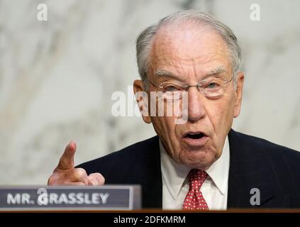 WASHINGTON, DC - OCTOBER 14: Sen. Chuck Grassley (R-IA) speaks during the Senate Judiciary Committee confirmation hearing for Supreme Court nominee Amy Coney Barrett on Capitol Hill on October 14, 2020 in Washington, DC. Barrett was nominated by President Donald Trump to fill the vacancy left by Justice Ruth Bader Ginsburg who passed away in September. Photo by Drew Angerer/Pool/ABACAPRESS.COM Stock Photo