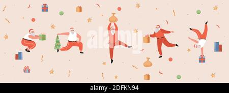 Funny Santa Claus doing morning exercises vector flat illustration. Cute winter holidays greeting card template. Gift boxes, Christmas tree, decorating balls and Santa Claus doing sport. Stock Vector