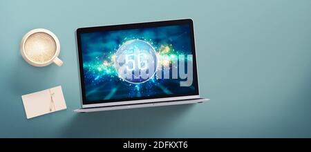 computer showing a cloud with a world map and message 5G floating in front an abstract grid pattern Stock Photo