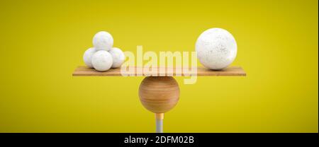 wooden scale balancing one big ball and four small ones on colorful background - 3d illustration Stock Photo