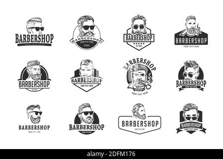 Barber Shop logo template with stylish hairstyle hipster portrait Stock Vector