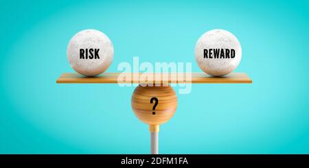 wooden scale balancing one big ball and four small ones with message RISK, REWARD and a questionmark on grey-blue background - 3d illustration Stock Photo