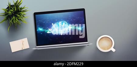 computer showing a cloud with a world map floating in front an abstract grid pattern Stock Photo