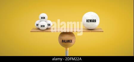 wooden scale balancing one big ball and four small ones with message RISK, REWARD and BALANCE on colorful background - 3d illustration Stock Photo