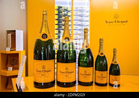 A picture taken on October 25, 2020 in Reims, northeastern France, shows  bottles of Veuve Clicquot champagne. Veuve Clicquot is a branch of  France-based luxury goods company LVMH (Louis Vuitton Moet Hennessy).