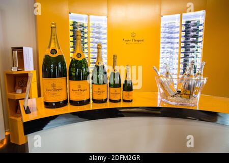 A picture taken on October 25, 2020 in Reims, northeastern France, shows bottles of Veuve Clicquot champagne. Veuve Clicquot is a branch of France-based luxury goods company LVMH (Louis Vuitton Moet Hennessy). Photo by Nasser Bzerzane/ABACAPRESS.COM Stock Photo