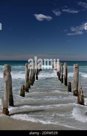 Old poles on St Clair beach in Dunedin Stock Photo