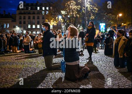 Catholic Mass in the street organised by âÂ€Â˜Pour la MesseâÂ€Â™ to protest the closing of churches during COVID-19 lockdown, facing Saint Sulpice church, in Paris, France, on November 22, 2020. Photo by Ammar Abd Rabbo/ABACAPRESS.COM Stock Photo