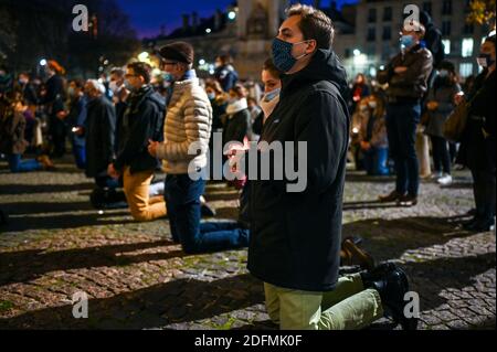 Catholic Mass in the street organised by ‘Pour la Messe’ to protest the closing of churches during COVID-19 lockdown, facing Saint Sulpice church, in Paris, France, on November 22, 2020. Photo by Ammar Abd Rabbo/ABACAPRESS.COM Stock Photo