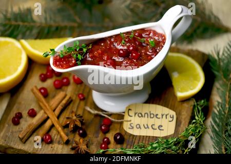 Cranberry sauce with spices. Homemade cranberry sauce. Stock Photo