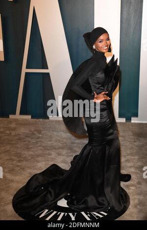 File photo dated February 09, 2020 of Halima Aden attending the Vanity Fair Oscar party at Wallis Annenberg Center for the Performing Arts in Los Angeles, CA, USA. American model Halima Aden says she is quitting runway modelling as it compromises her religious beliefs. The 23-year-old has appeared on the cover of British Vogue, Vogue Arabia and Allure. Writing on Instagram, she said the coronavirus pandemic had given her time to stop and think about what her values are as a Muslim woman. 'Being a 'hijabi' is truly a journey with lots of highs and lows,' she said. Photo by David Niviere/ABACAPR Stock Photo
