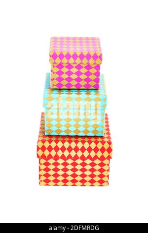 Three colorful gift boxes with ornaments. Isolated over white background Stock Photo