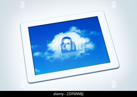 Secure tablet with a lock over a cumulus cloud on its screen. All logos removed. Stock Photo