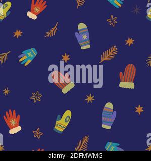 Cute vector seamless pattern of winter clothing accessories on white background. Freehand drawn doodle elements.  Stock Vector