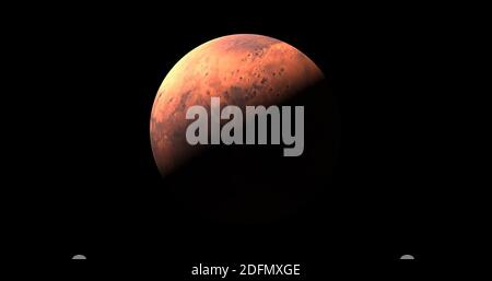 Planet mars sun rise with stars in background. front view of Mars planet from space. full 3d view of Mars 4k resolution. Stock Photo