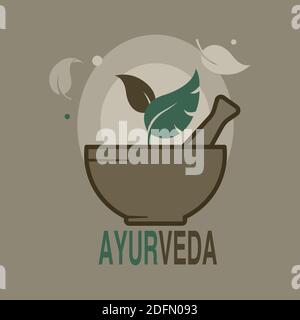 Ayurvedic Medicine Crusher. Mortar and pestle with text AYURVEDA. Alternative medicine concept. Flat style illustration. Stock Vector