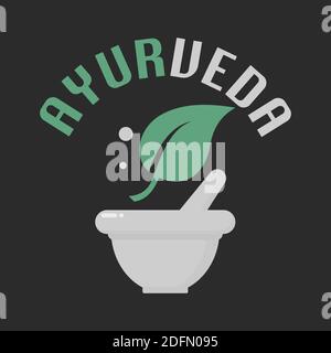Ayurvedic Medicine Crusher. Mortar and pestle with text AYURVEDA. Alternative medicine concept. Flat style illustration. Stock Vector