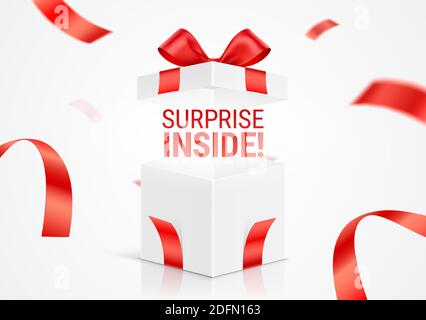 Opened white gift box, with Surprise Inside message. Exploded realistic gift box with red ribbons. Vector card design, for prize offer promotion. Stock Vector