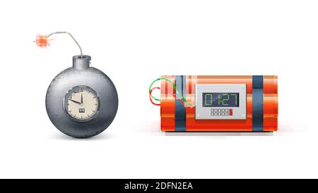 Set of realistic old bombs isolated on white background. Dynamite with countdown clock. Vector 3d illustration. Stock Vector
