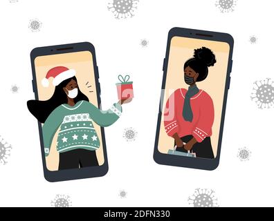 Christmas video call. African girlfriends in face masks sharing gifts online. Stock Vector