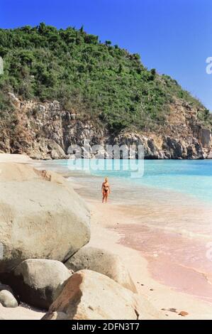 Visitors relax and play on the Anse des Grands Galets (Big Shell Beach) ca. 1998 Stock Photo