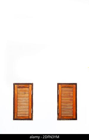 Two vintage brown wooden window isolate white background. Stock Photo
