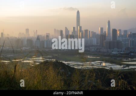 Skyline of Futian District, Shenzhen, China viewed from northern Hong Kong Stock Photo