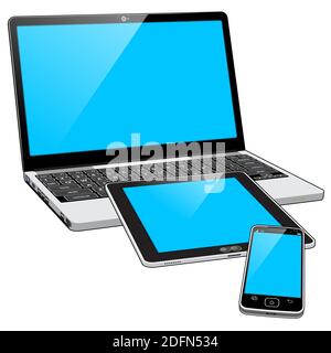 A grouped collection of 3 tech devices - A Smart Phone, Laptop and Tablet personal computer. The Blue screens indicate the devices are powered on. Stock Photo