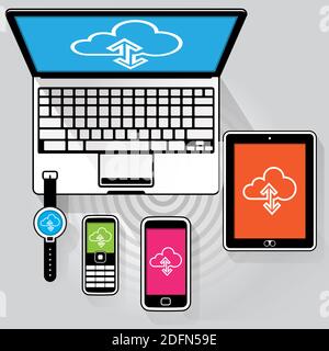 A flat stylised Laptop computer, Tablet PC, Smart phone, Feature phone and Smart watch connected to the WWW streaming data. Stock Photo