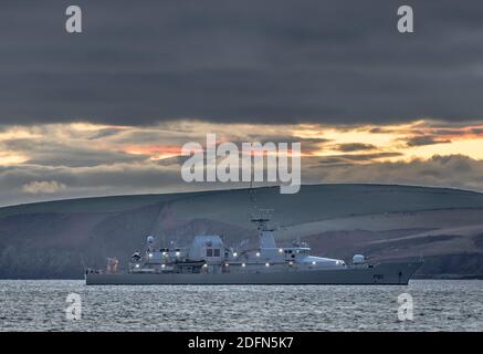 Kinsale, Cork, Ireland. 05th December, 2020. Naval vessel  LÉ Samuel Beckett at anchor at dusk on a winter's afternoon in Kinsale Harbour, Co. Cork, Ireland. -Credit; David Creedon / Alamy Live News Stock Photo