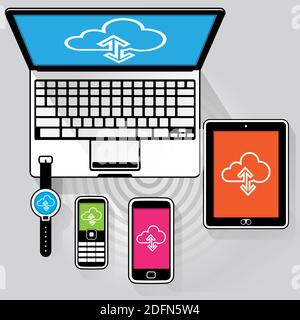 Laptop Computer, Tablet, Smartphone, Feature Phone and Smart Watch WWW Cloud Connection - Collection top view Stock Vector