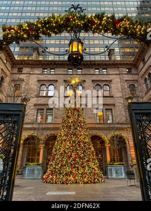 Christmas Tree in front of Lotte New York Palace hotel in New York City. Manhattan, New York. Stock Photo