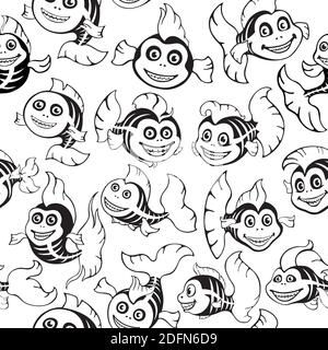 Cute black and white fish skeletons. Halloween seamless pattern. Stock Vector