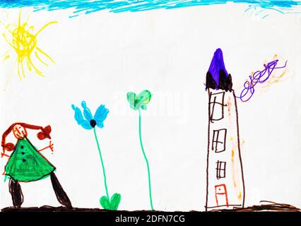 Naive illustration, child drawing, girl standing happily on mother earth  Stock Photo - Alamy