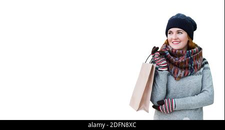 Woman with shopping bag. Winter sale Stock Photo