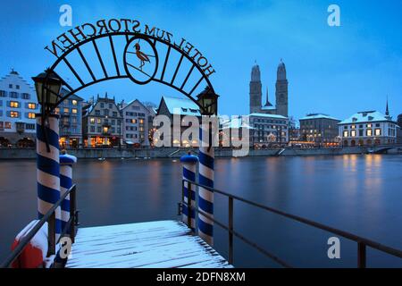 Jetty from Hotel Zum Storchen, Old Town, Limmatquai, Limmat, Zurich, Switzerland Stock Photo