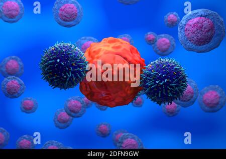 3d illustration CAR T-cell attack cancer cell and healthy cells Stock Photo