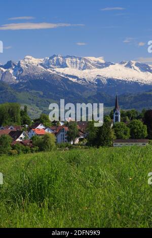 Village Bubikon, in front of the Glaernisch, Glarner Alps, Zuercher Oberland, Switzerland, Glaernisch Stock Photo
