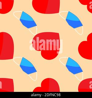 Vector seamless pattern of red hearts and blue medical masks in flat style on a beige background. Stock Vector